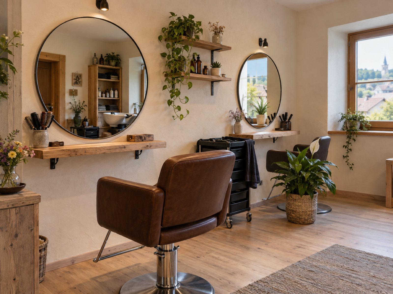 Ruhiger Salon mit zwei runden Spiegeln