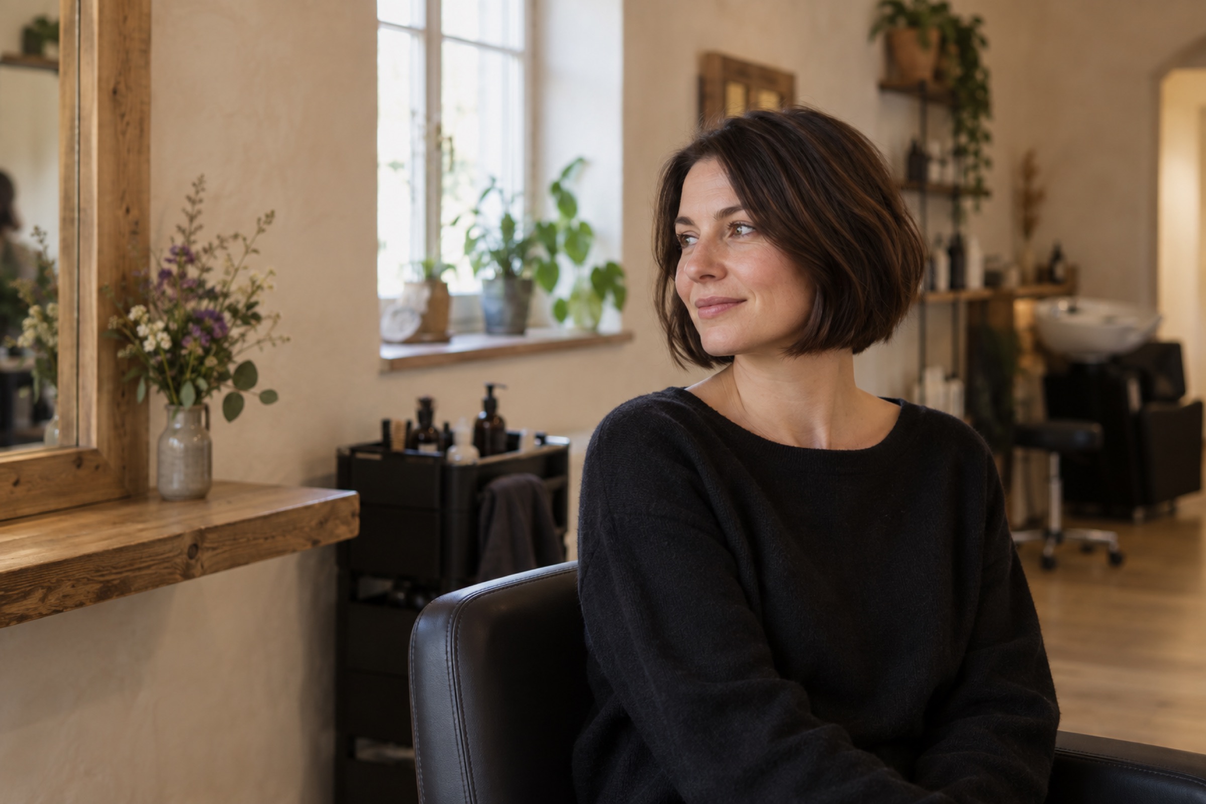 Frau mit frisch geschnittenem Bob im Halbprofil