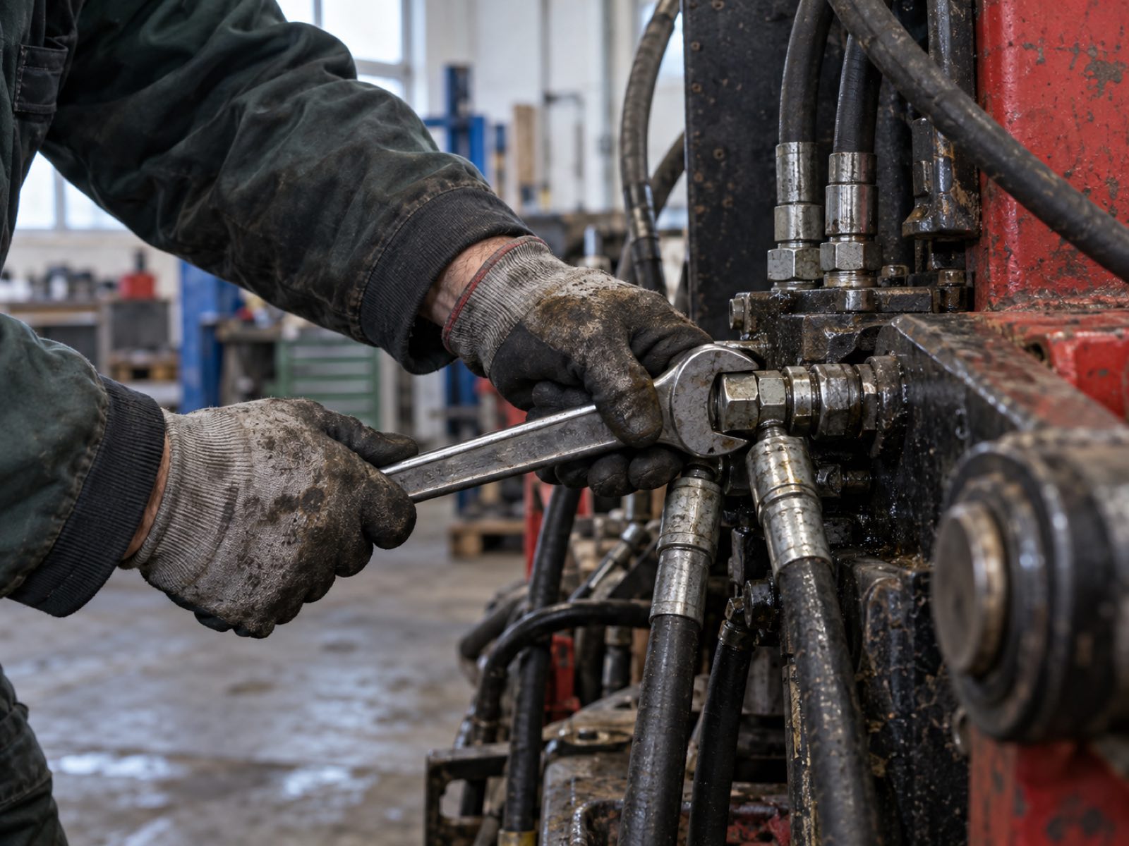 Mechaniker arbeitet an Hydraulikschläuchen