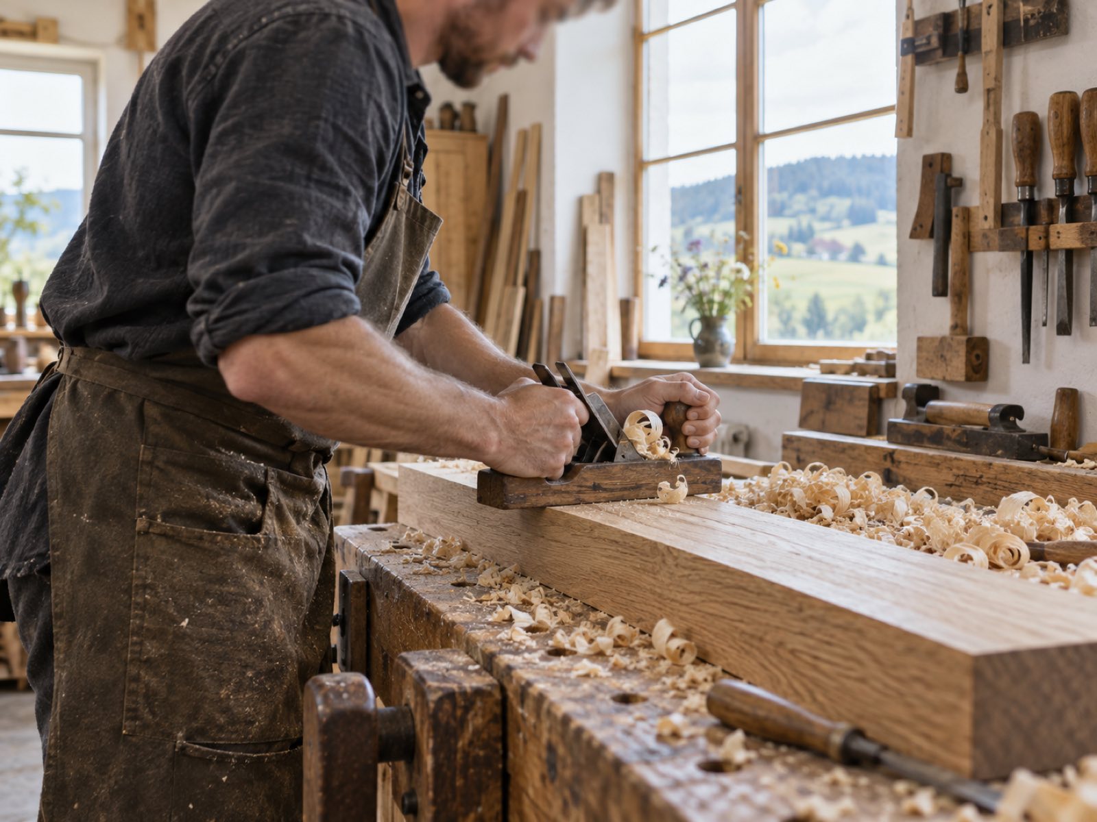 Tischler hobelt ein Eichenbrett in der Werkstatt